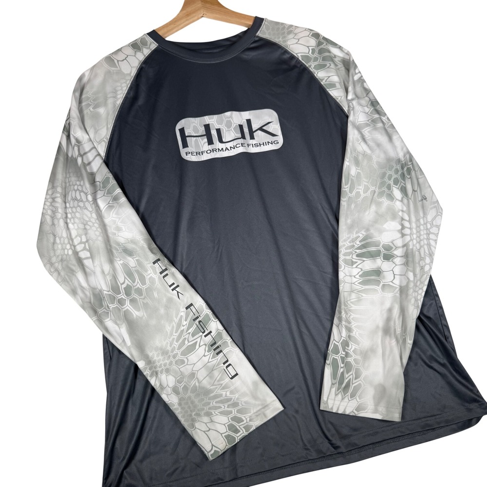 Huk Performance Fishing Shirt Mens XL Gray Camo Raglan Long Sleeve PO000266
